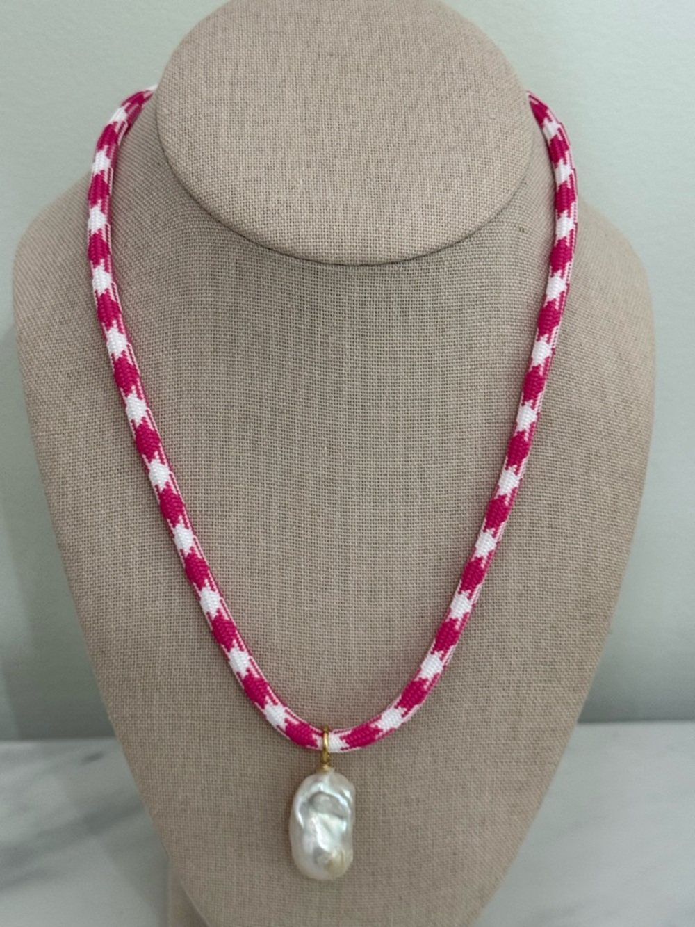 Pink and White Braided Rope Necklace with Baroque Pearl Pendant